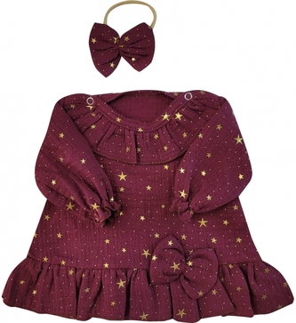 Mušelínové šatičky s hvězdičkami + čelenka Z&Z, bordó, vel. 68; 68 (3-6m)