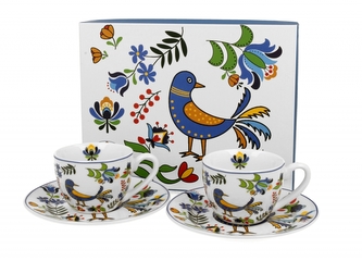 Porcelánový hrnek espresso s podšálkem Kašubský ptáček 90 ml, 2 ks v dárkové krabičce