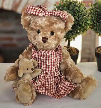 Plyšový medvěd v růžových šatičkách s pejskem