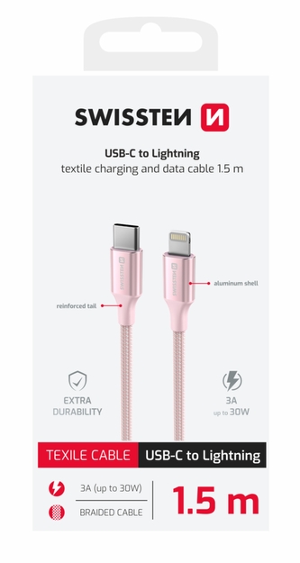 DATOVÝ KABEL SWISSTEN TEXTILE II USB-C / LIGHTNING 1,5 M RŮŽOVÝ DATOVÝ KABEL SWISSTEN TEXTILE II USB-C / LIGHTNING 1,5 M RŮŽOVÝ