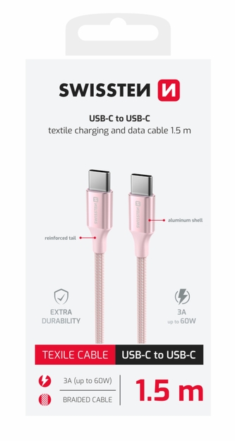 DATOVÝ KABEL SWISSTEN TEXTILE II USB-C / USB-C 1,5 M RŮŽOVÝ DATOVÝ KABEL SWISSTEN TEXTILE II USB-C / USB-C 1,5 M RŮŽOVÝ