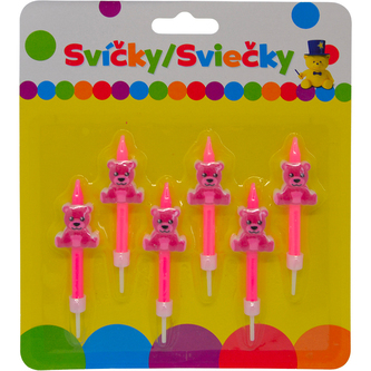 Narozeninová svíčka s růžovým MEDVÍDKEM a držákem 6ks