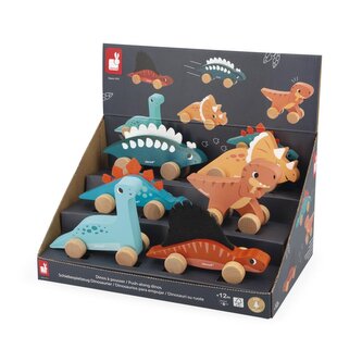 Janod DISPLEJ Dřevěné auto na tlačení Dinosauři Dino 6 ks