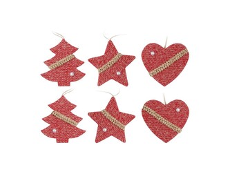 Závěs 6 ks, 60 mm  srdce, hvězda, stromek, mix pletený červený