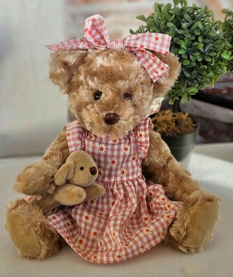 Plyšový medvěd v růžových šatičkách s pejskem