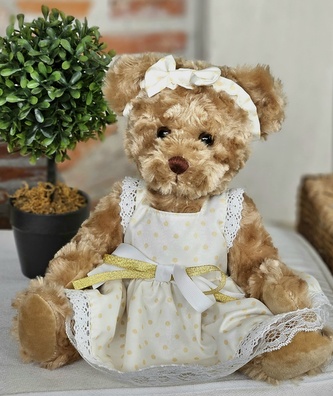 Plyšový medvěd v béžovo zlatých šatičkách velký