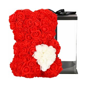 Medvídek z růží 30 cm, červený s bílým srdcem SPRINGOS ROSE BEAR