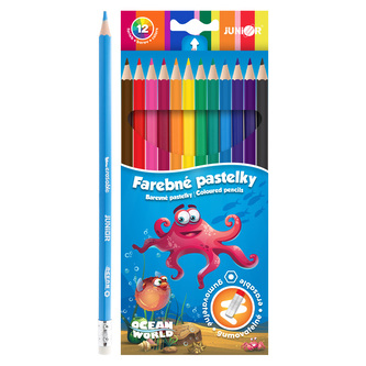 Pastelky JUNIOR Ocean World šestihranné/gumovatelné - sada 12 ks
