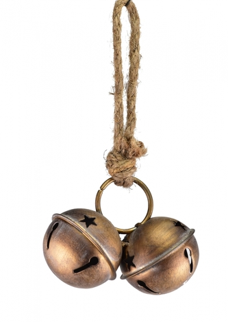 Dvojité kovové rolničky staro-zlaté na jutovém provaze 5x11x20 cm