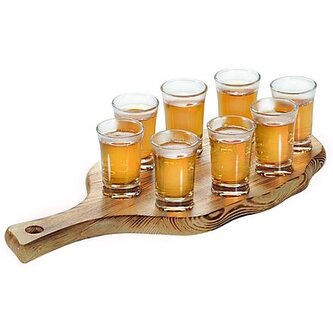 Podnos na panáky s 8 sklenicemi, 38 x 17 cm, borovicové dřevo KESPER 68280