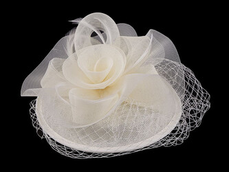 Fascinátor / klobouček květ s peřím a francouzským závojem - 1 ks - 1 krémová světlá