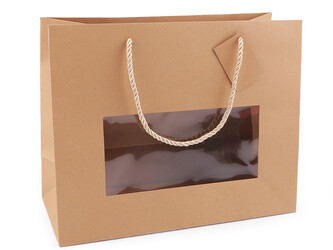 Papírová taška natural s průhledem a širokým dnem - 10 ks - hnědá přírodní