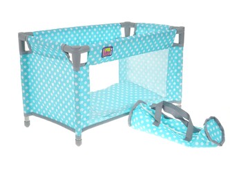 Postýlka pro panenky s povlečením, skládací do příruční tašky, 53x32x30cm;  32 x 10 x 9,5 cm