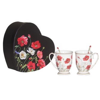 HOME ELEMENTS Sada dvou šálků 280 ml se lžičkami, Máky bílé