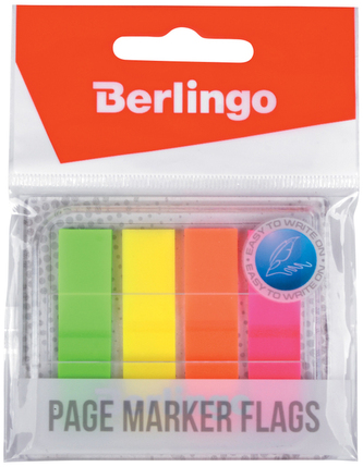 Zakładki indeksujące PP, 45x12 mm, 4x20k., zawieszka, w dozowniku., 4 kolor., neon, Berlingo