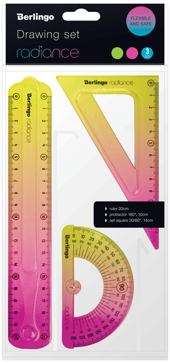 Komplet geometryczny 3-el. Linijka, ekierka, kątomierz Radiance, różowo-żółty, Berlingo