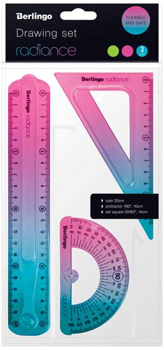 Komplet geometryczny 3-el. Linijka, ekierka, kątomierz Radiance, różowo-niebieski, Berlingo
