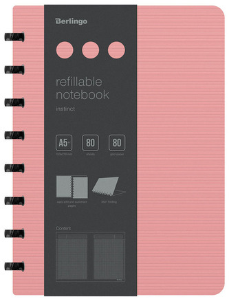 Notatnik biznesowy A5+ PP, 80 kartek, kratka, na spirali Instinct różowy, Berlingo