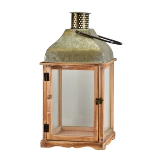 Dřevěná lucerna v přírodním odstínu hnědé s kovovou střechou