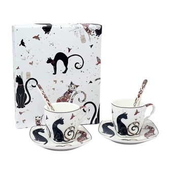 HOME ELEMENTS Šapo sada espresso 90 ml, dva šálky se lžičkami, Kočky