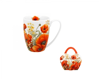 Porcelánový hrnek v košíku - máky, 360 ml