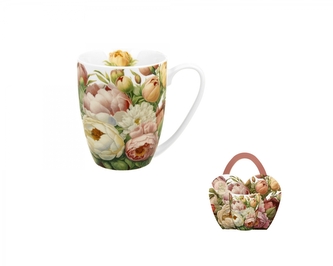 Porcelánový hrnek v košíku - pivoňky, 360 ml