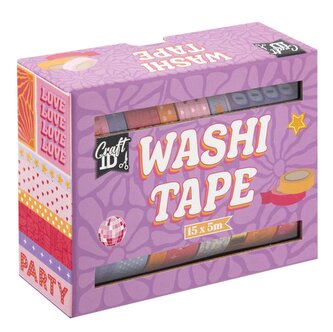 Washi pásky v boxu, 15 ks, 5 m - fialové