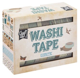 Washi pásky v boxu, 15 ks, 5 m - béžové
