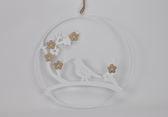 Kulatá kovová dekorace s ptáčkem 30 cm