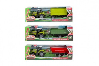 Traktor s vlekem plast 24cm na volný chod na baterie se světlem, zvukem 3 druhy v krabici 29x9cm