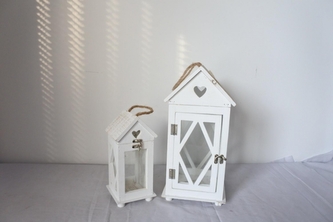 Dřevěná lucerna Gery se srdcem krémová, sada 2 ks