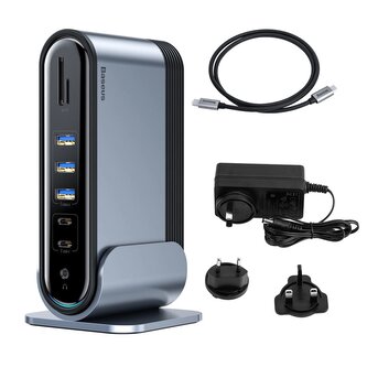 HUB Baseus CAHUB-DG0G 3x USB 3.2 Gen 1 / 2x USB-A / 2x USB-C / czytnik kart SD, micro SD / AUX / 3x HDMI / RJ45 PD 100W (wtyczki EU / CN / UK) - szary HUB Baseus CAHUB-DG0G 3x USB 3.2 Gen 1 / 2x USB-A / 2x USB-C / czytnik kart SD, micro SD / AUX / 3x HDMI / RJ45 PD 100W (wtyczki EU / CN / UK) - szary