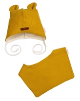 Pletená čepice s bavlněnou podšívkou a šátkem 2v1, Teddy Hand made - hořčicová; 56/62 (0-3m)