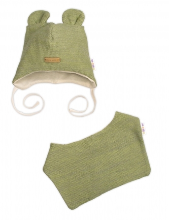 Pletená čepice s bavlněnou podšívkou a šátkem 2v1, Teddy Hand made - oliva; 56/62 (0-3m)