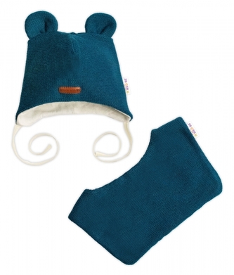 Pletená čepice s bavlněnou podšívkou a šátkem 2v1, Teddy Hand made - petrolejová, 80/86; 80/86 (12-18m)
