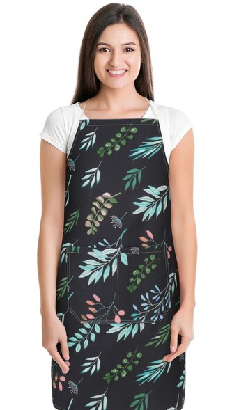 Kuchyňská zástěra ADÉLA - Lístky na černé - zástěra 67x84 cm