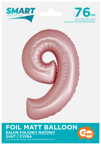 Balon foliowy Smart, Cyfra 9, j. różowa matowa, 76 cm, GoDan