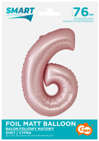 Balon foliowy Smart, Cyfra 6, j. różowa matowa, 76 cm, GoDan