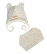 Pletená čepice s bavlněnou podšívkou a šátkem 2v1, Teddy Hand made - světle béžová; 56/62 (0-3m)