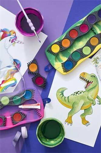 Vodové barvy "Dinosaurus", žlutá - zelená, 12 barev, 1x bílá temperová barva + nálepky,  FABER-CASTE