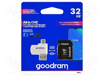 GoodRam microSDHC karta 32GB M1A4 All-in-one (R:100/W:10 MB/s), UHS-I Class 10, U1 + Adapter + OTG card reader/čtečka