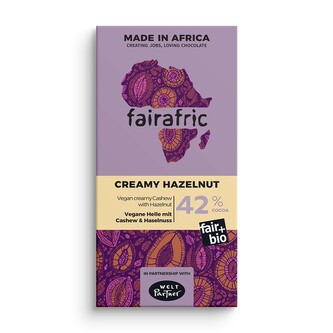 Fairafric Bio vegan čokoláda s kešu krémem a lískovými oříšky, vyrobená v Ghaně, 80 g