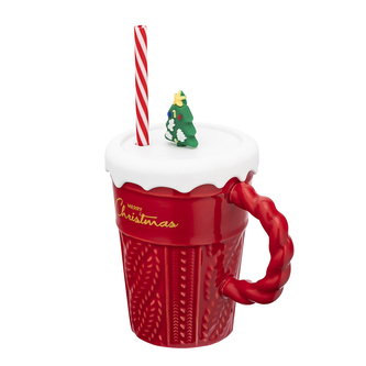 KUBEK STOŻEK XMAS SHAKE NBC 370 ML Z SILIKONOWĄ POKRYWKĄ I SŁOMKĄ KOL. CZERWONY COLOR BOX
