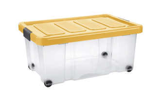 Úložný box s klipem a kolečky PUZZLE 43 l transparent/oranžová Úložný box s klipem a kolečky PUZZLE 43 l transparent/oranžová