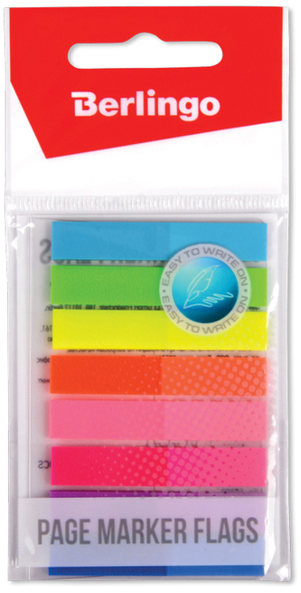 Zakładki indeksujące PP, 45x8 mm, 8x20k., zawieszka, w dozowniku., 8 kolor., neon, Berlingo