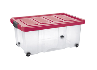 Úložný box s klipem a kolečky PUZZLE 43 l transparent/červená Úložný box s klipem a kolečky PUZZLE 43 l transparent/červená