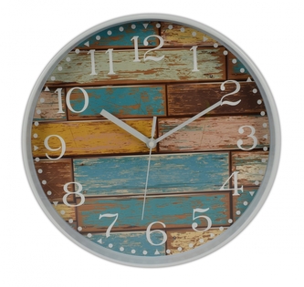DUE ESSE, Nástěnné hodiny cihly efekt dřevo oprýskaný modrý lak, průměr 30 cm
