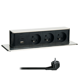 Solight 3z + USB A+C 20W PD výsuvný blok zásuvek, 2m, nerez ocel