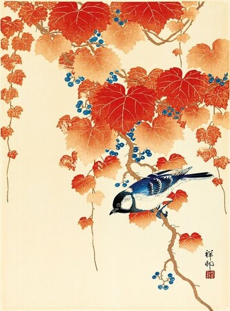 Umělecký tisk Bird and Red, Ohara Koson, 30 × 40 cm