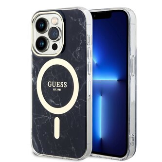 Guess IML Marble MagSafe Zadní Kryt pro iPhone 13 Pro Black